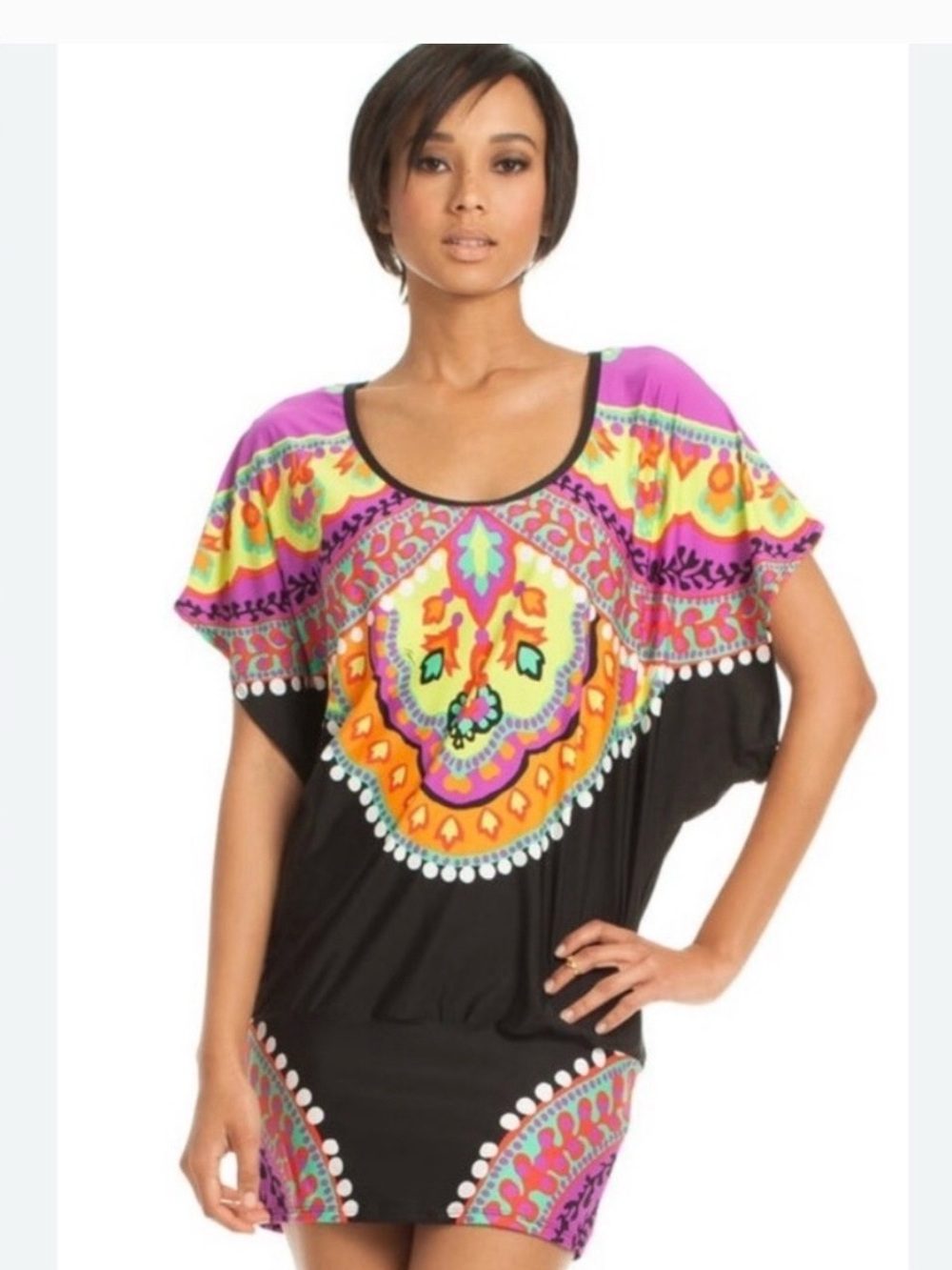 Trina Turk Black Swim Coverup with Bold Purple, Yellow & Pink Medallion Print